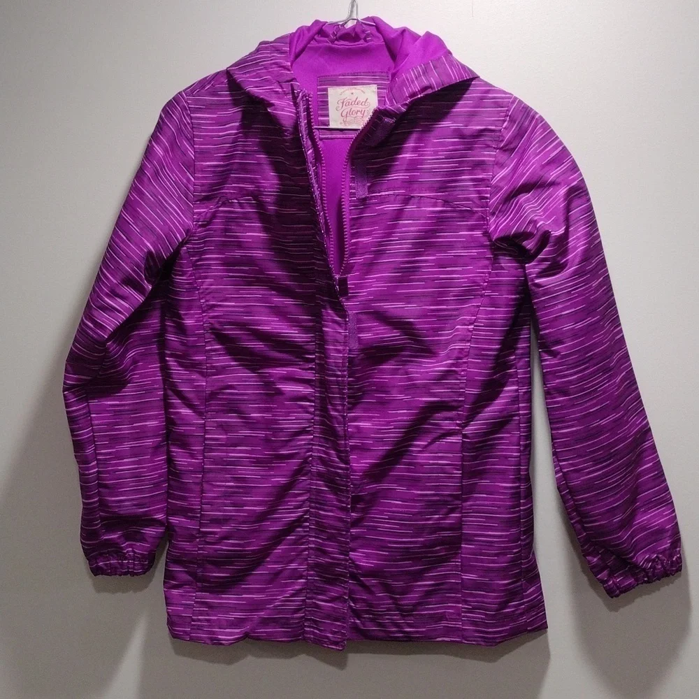 Faded Glory Girls' Purple Pinkish Zip Up Rain Jacket Size L, 3 Pockets, Colorful